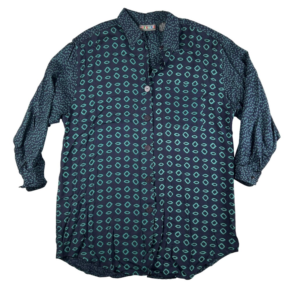 Vintage Paris Sport Club Shirt Womens Medium Blue Geometric Rayon Tunic Top 90s